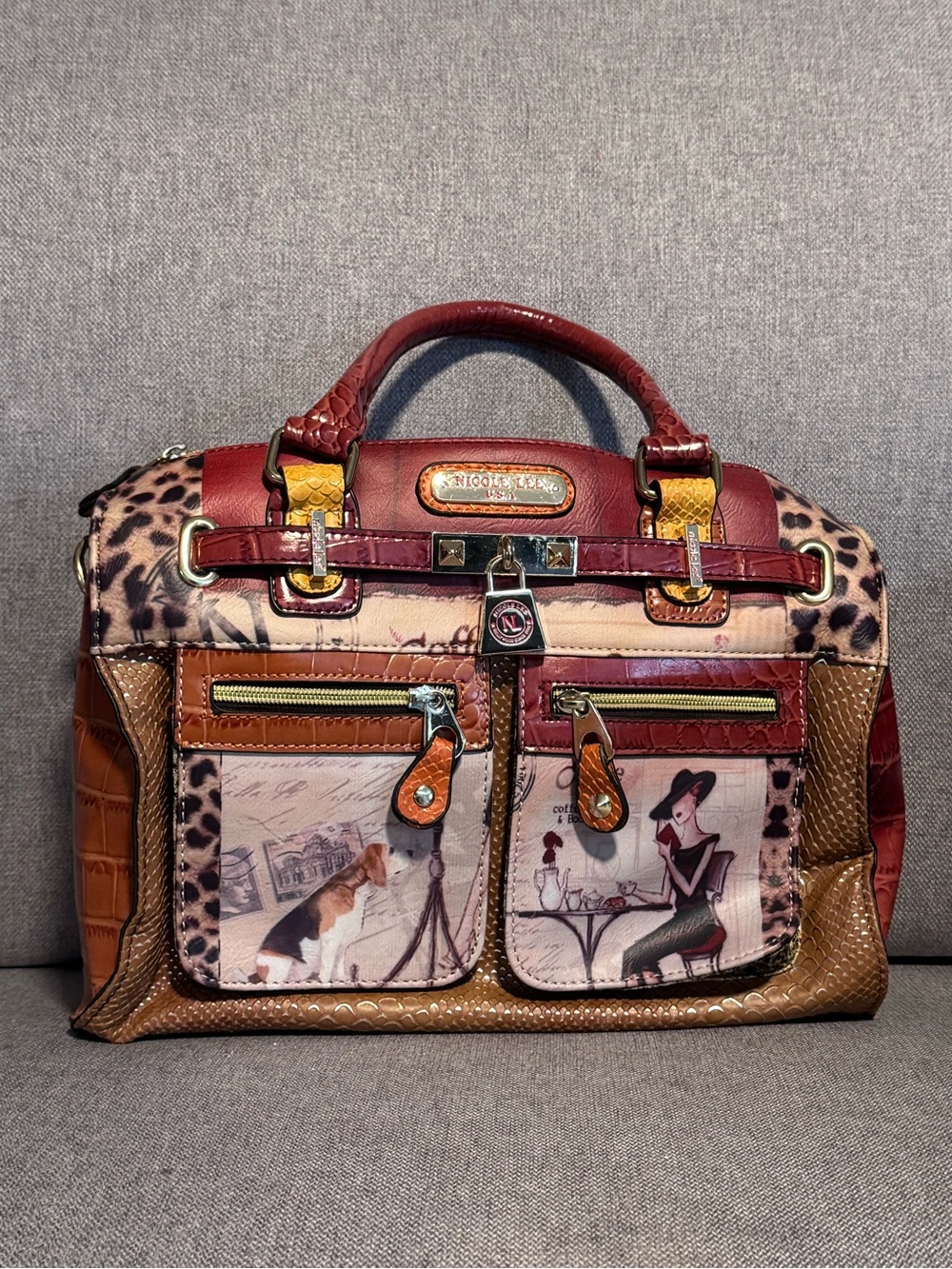 Nicole Lee Burgundy & Tan Patterned Satchel with Gold Accents